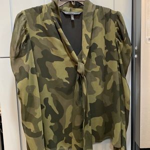 White House Black Market Olive & Dark Green Camouflage Tie-Neck Blouse